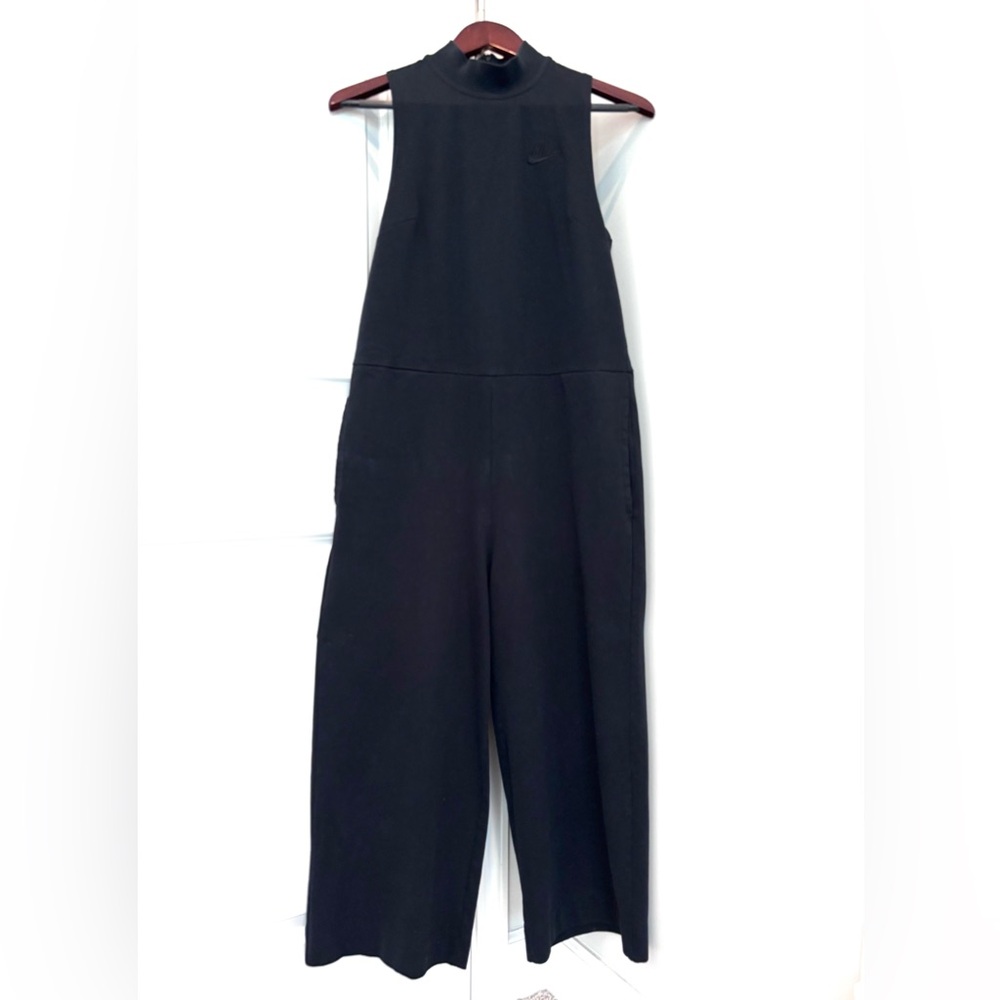 NIKE Wide Leg Jumpsuit Crop Black Jersey Mock Neck Pockets Back Zip Women’s M - Picture 3 of 15